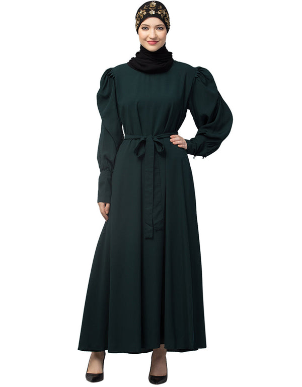 Muslim Long Cuff Gathered Puffed Sleeve with Bet A line Abaya in the Shade Of Green
